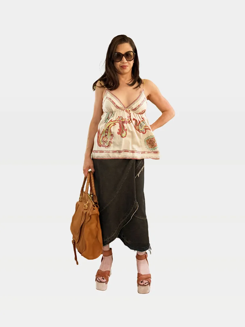 Etro Printed Silk Tank, L’Autre Chose Denim Wrap Skirt and Celine Platform Sandals