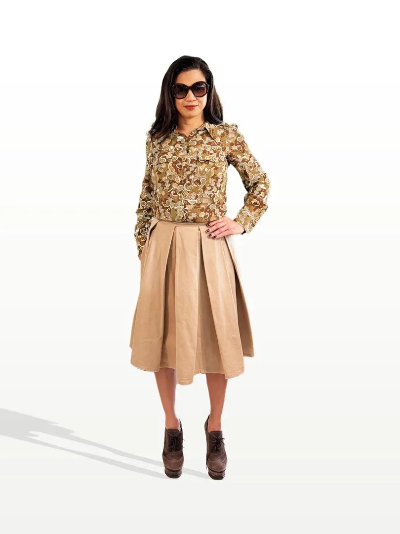 Chloe Printed Long Sleeve Blouse, Prada Beige Khaki Pleated Skirt and YSL Paris Suede Booties